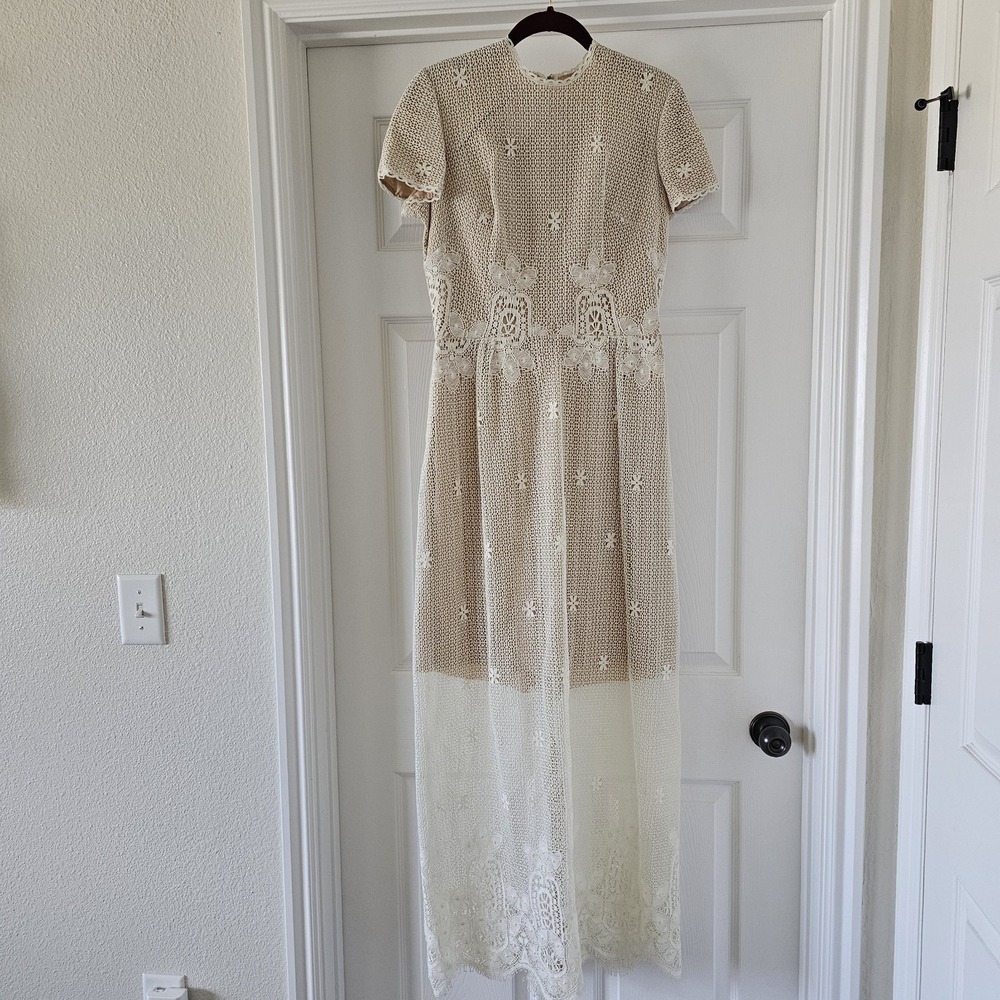 1960s 1970s Vintage Bridal Aldens Fashions Hippie Boho Maxi Dress Crochet Lace